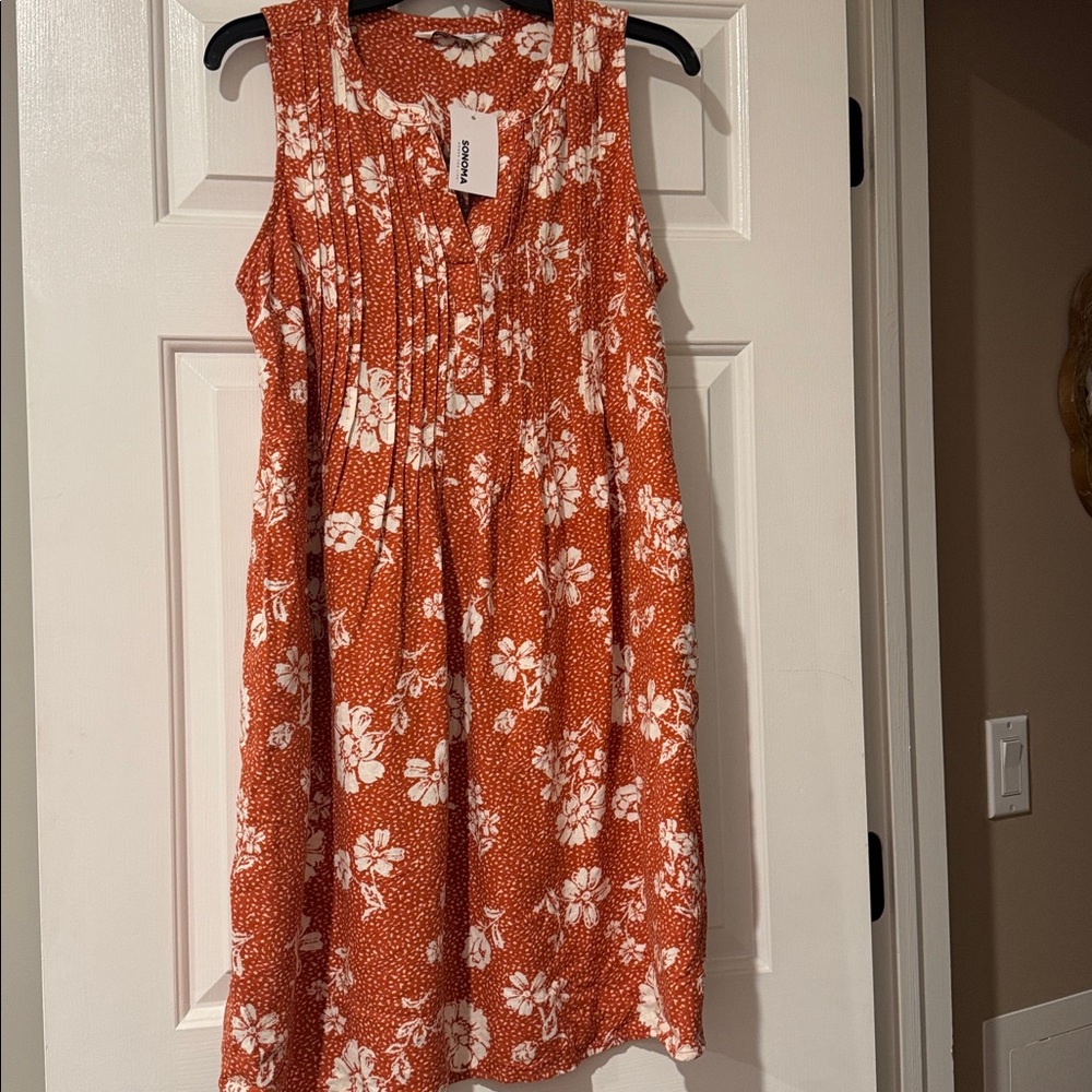 NWT Sonoma Sleeveless Pin-Tuck Floral Mini Shirt Style Dress Linen Blend
